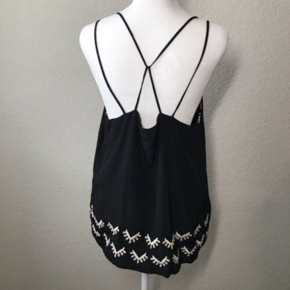 LOFT Black Embroidered Criss Cross Strappy Lined Camisole Top Medium - Picture 5 of 9